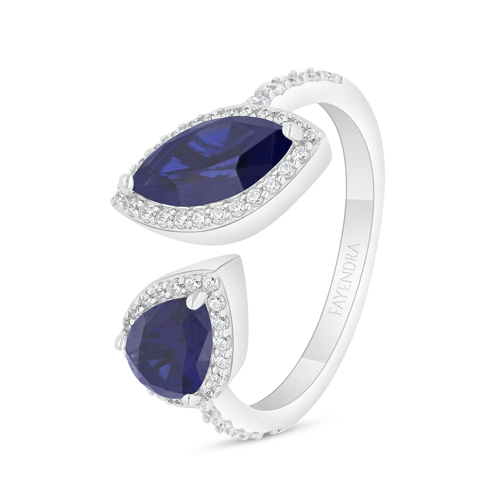 Sterling Silver 925 Ring Rhodium Plated Embedded With Sapphire Corundum And White Zircon