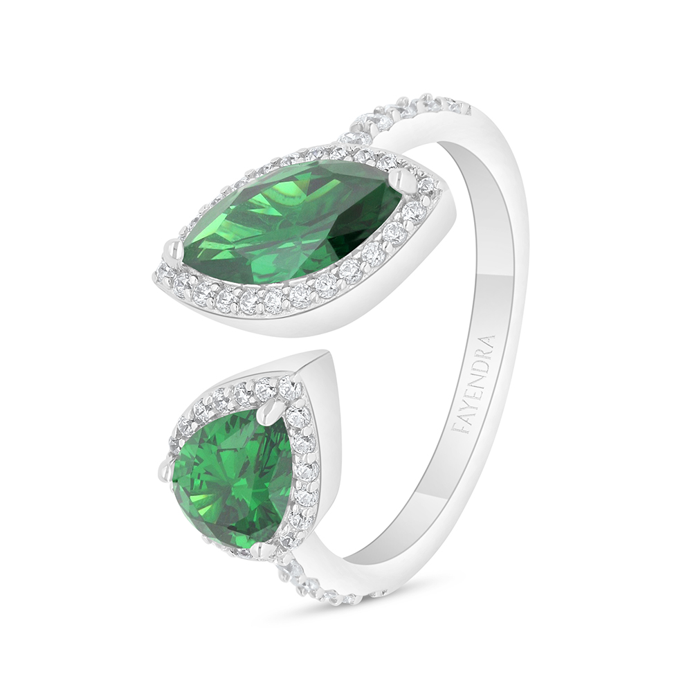 Sterling Silver 925 Ring Rhodium Plated Embedded With Emerald Zircon And White Zircon