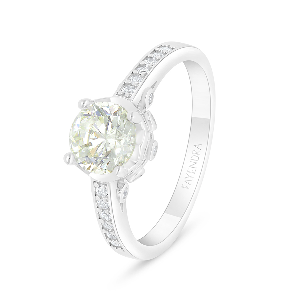 Sterling Silver 925 Ring Rhodium Plated Embedded With Yellow Diamond And White Zircon