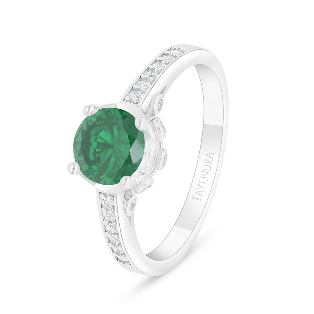 Sterling Silver 925 Ring Rhodium Plated Embedded With Emerald Zircon And White Zircon