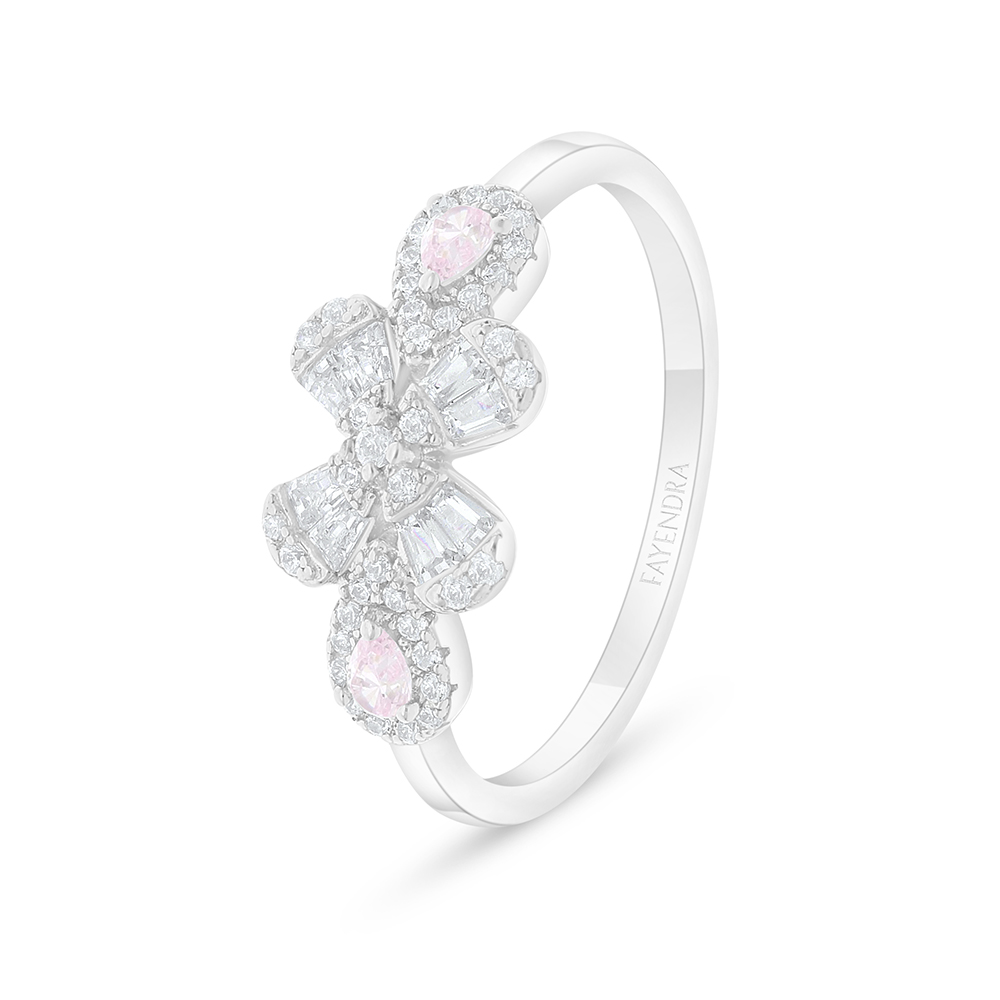 Sterling Silver 925 Ring Rhodium Plated Embedded With Pink Zircon And White Zircon