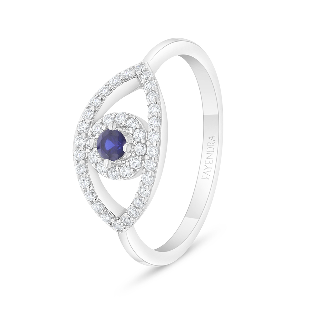 Sterling Silver 925 Ring Rhodium Plated Embedded With Sapphire Corundum And White Zircon