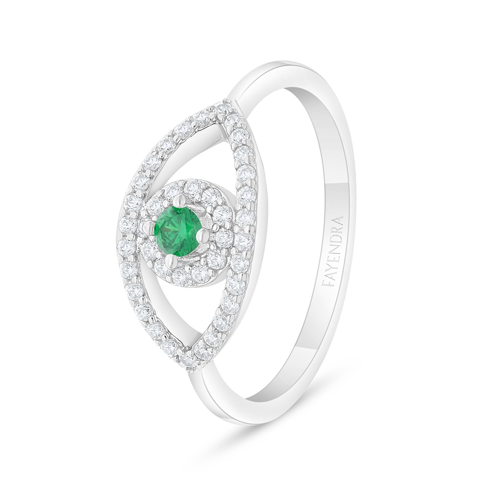 Sterling Silver 925 Ring Rhodium Plated Embedded With Emerald Zircon And White Zircon