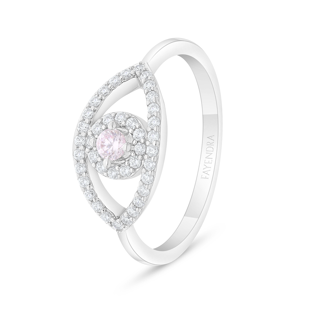 Sterling Silver 925 Ring Rhodium Plated Embedded With Pink Zircon And White Zircon