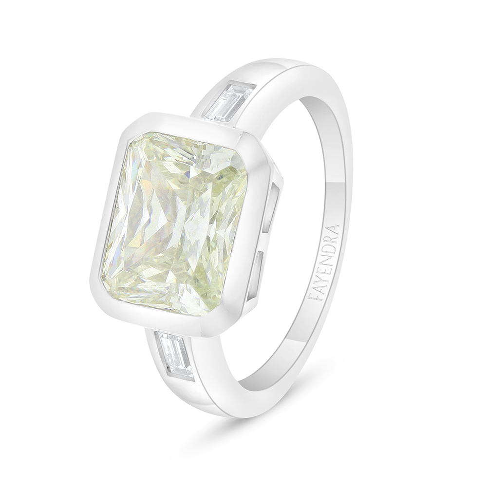 Sterling Silver 925 Ring Rhodium Plated Embedded With Yellow Diamond And White Zircon