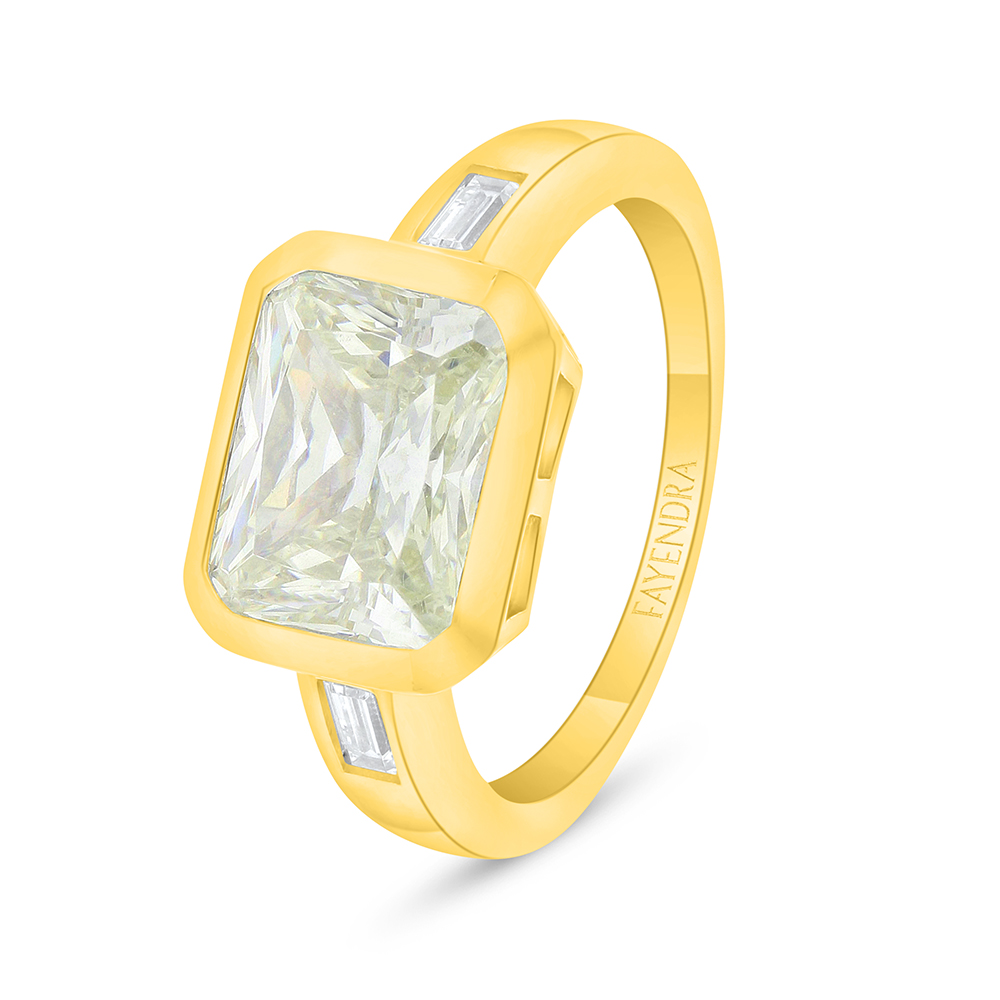 Sterling Silver 925 Ring Golden Plated Embedded With Yellow Diamond And White Zircon