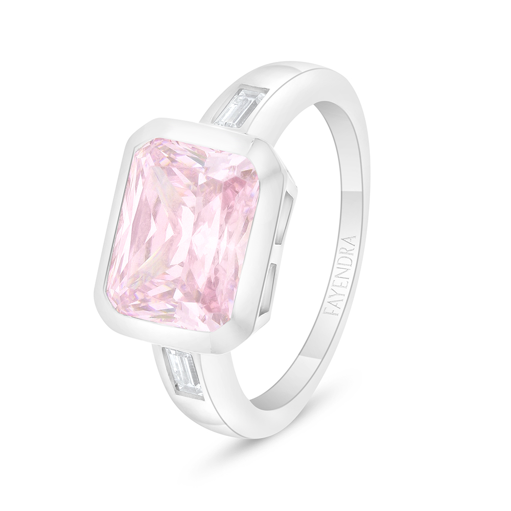 Sterling Silver 925 Ring Rhodium Plated Embedded With Pink Zircon And White Zircon