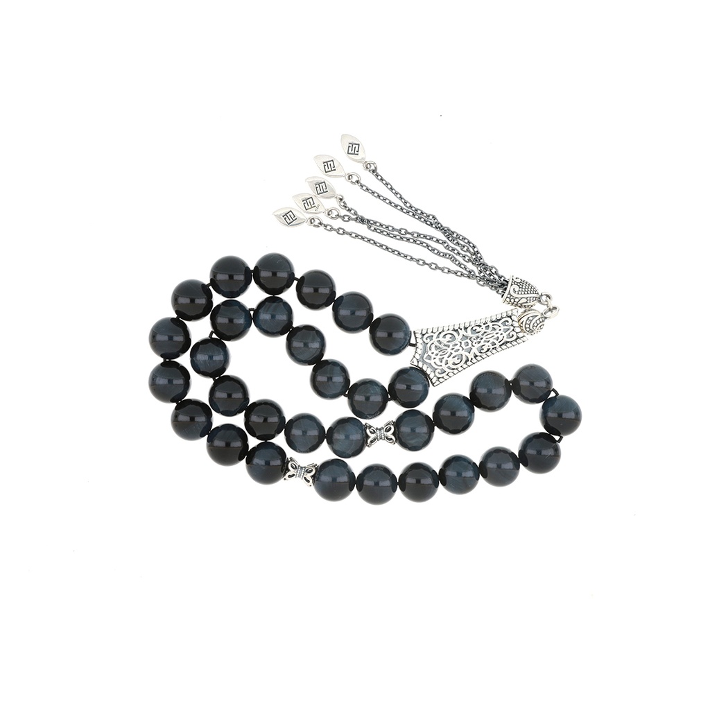 Rosary 33 Sterling Silver 925 Set Oxidized Embedded With Blue Tiger Eye Bead 10 ML LOGO