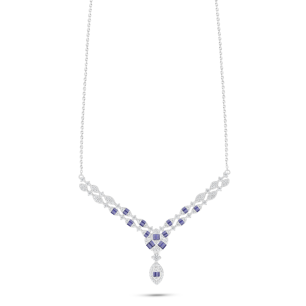 Sterling Silver 925 Necklace Rhodium Plated Embedded With Sapphire Corundum And White Zircon