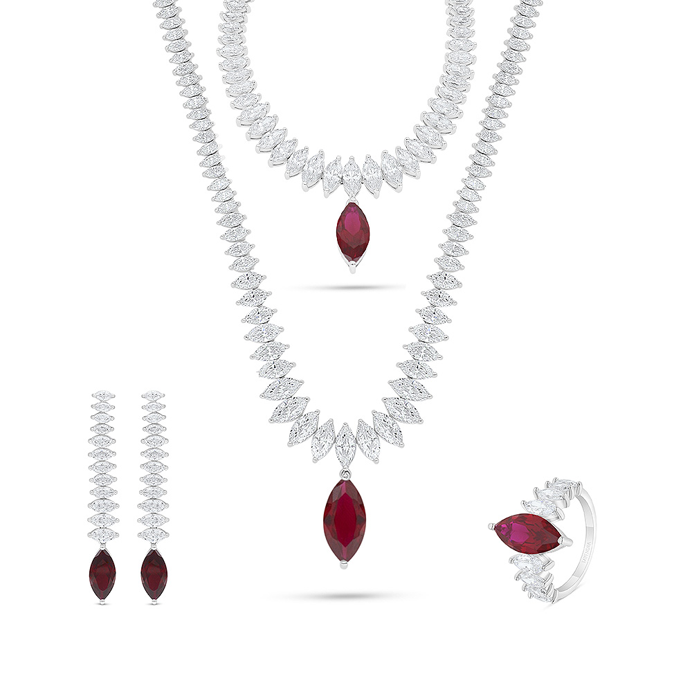 Sterling Silver 925 SET Rhodium Plated Embedded With Ruby Corundum And White Zircon