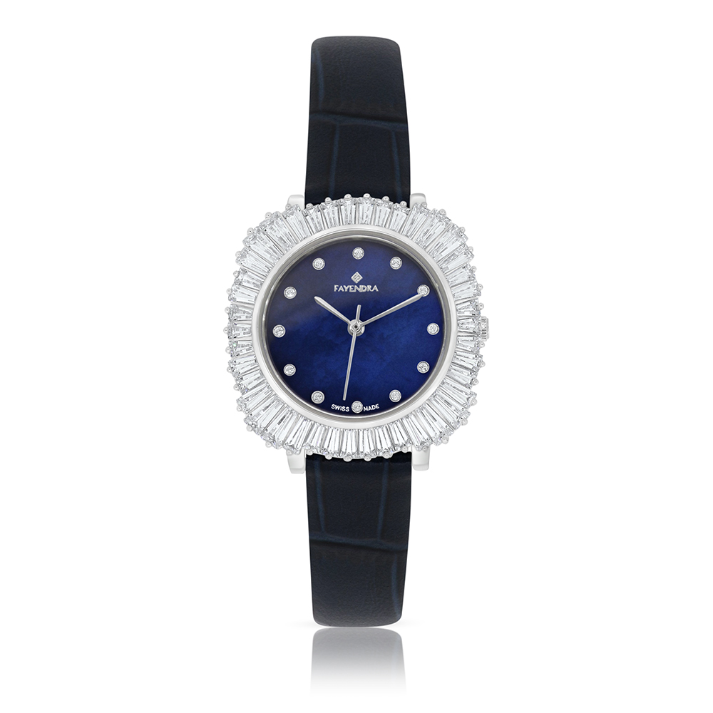 Stainless Steel 316 Watch Silver Plated And Blue Leather Embedded With White Zircon - BLUE MOP DIAL