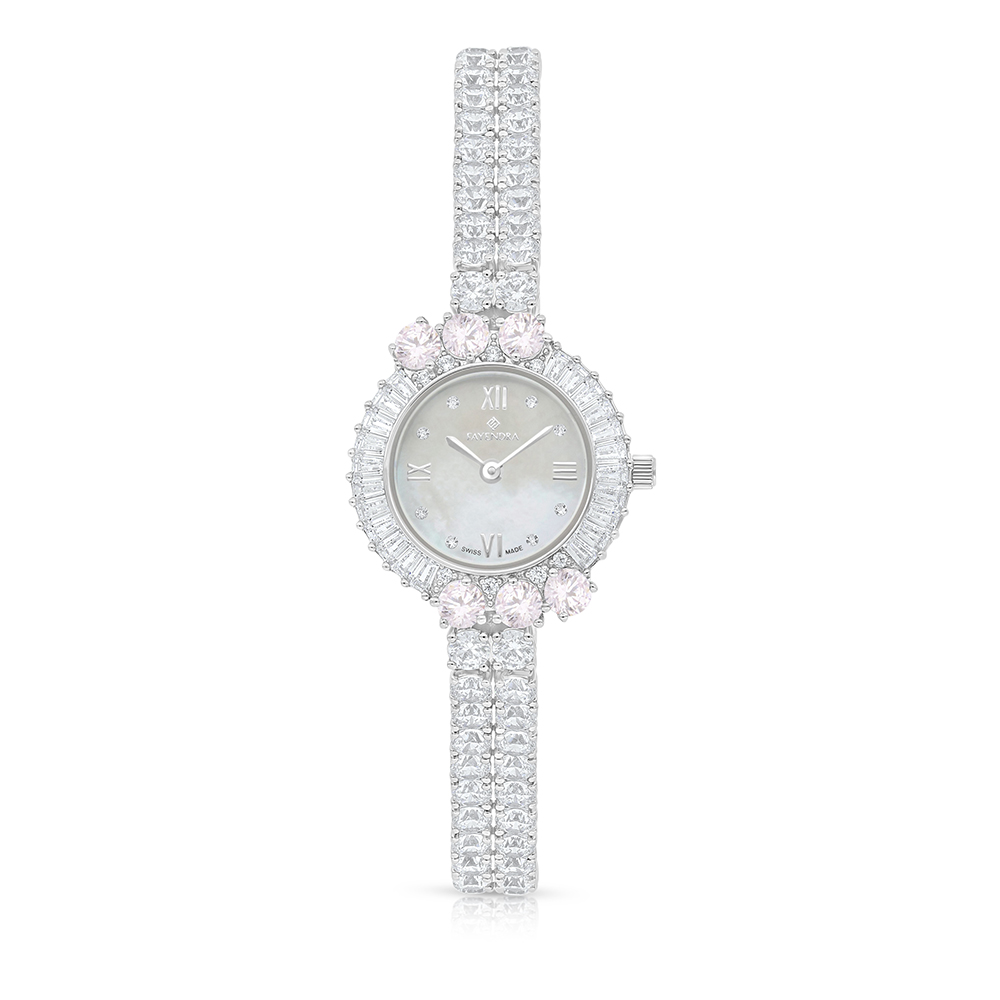 Stainless Steel 316 Watch Silver Plated Embedded With pink Zircon And White Zircon - MOP DIAL