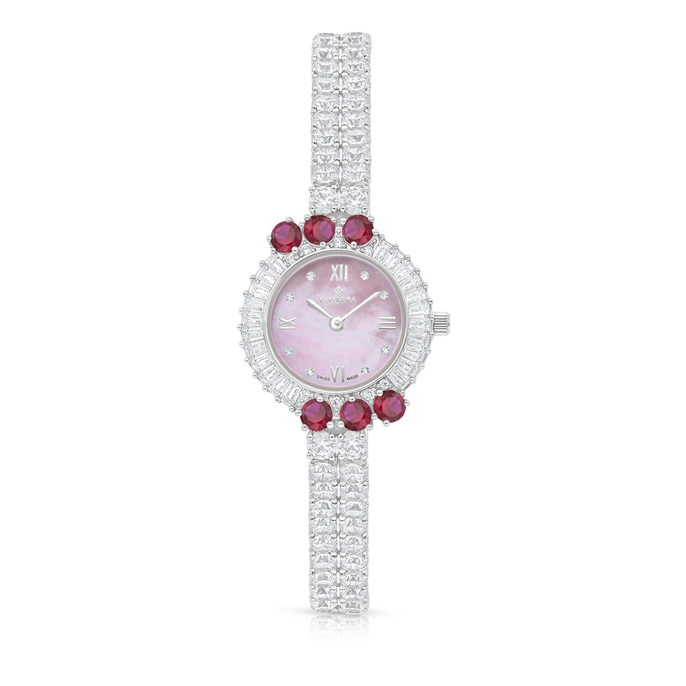 Stainless Steel 316 Watch Silver Plated Embedded With Ruby Corundum And White Zircon - Pink MOP DIAL