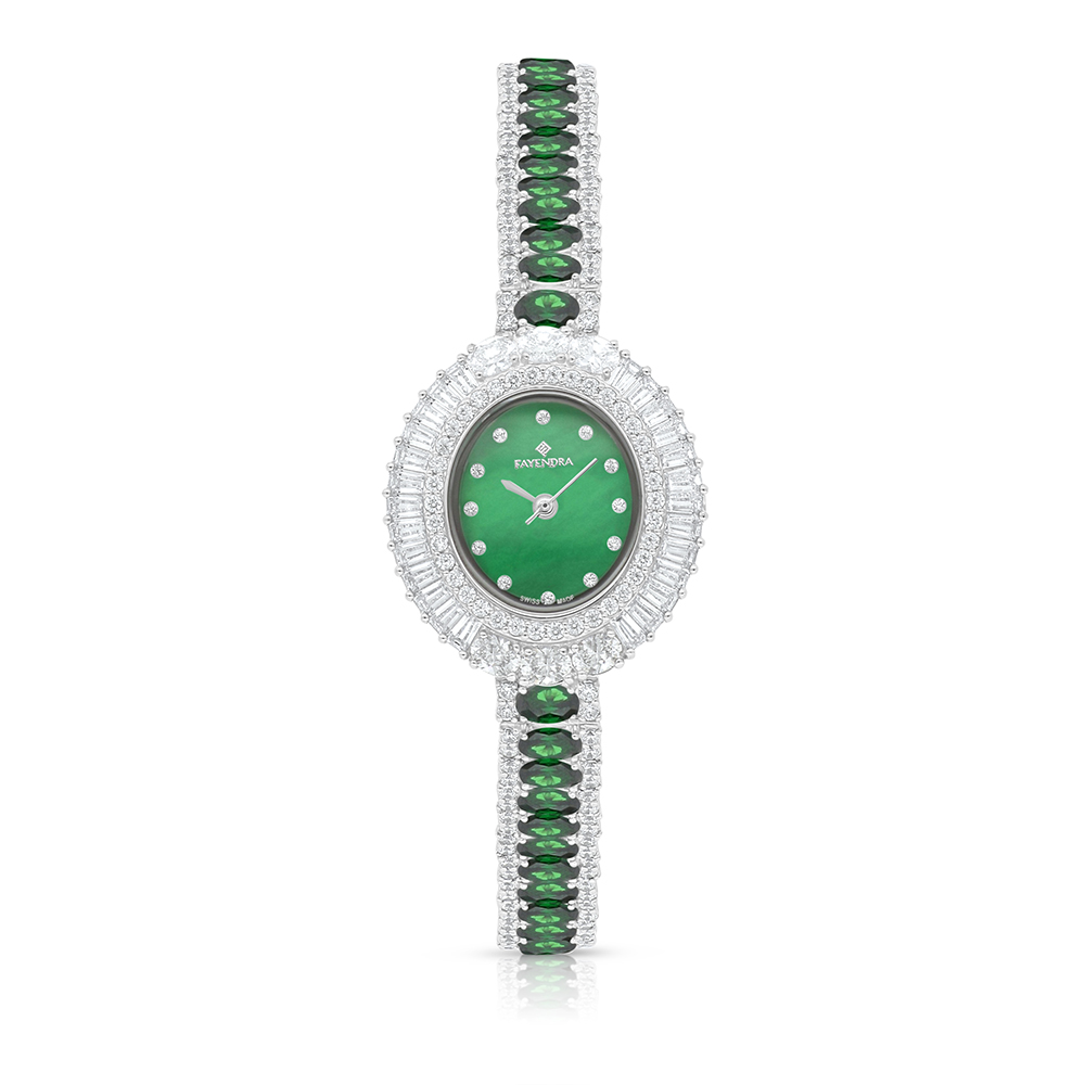 Stainless Steel 316 Watch Silver Plated Embedded With Emerald Zircon And White Zircon - GREEN MOP DIAL