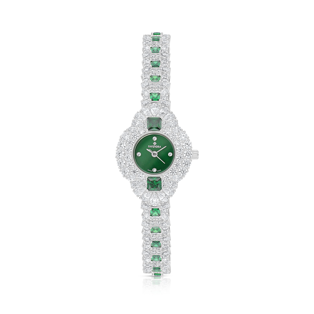 Stainless Steel 316 Watch Silver Plated Embedded With Emerald Zircon And White Zircon - GREEN MOP DIAL