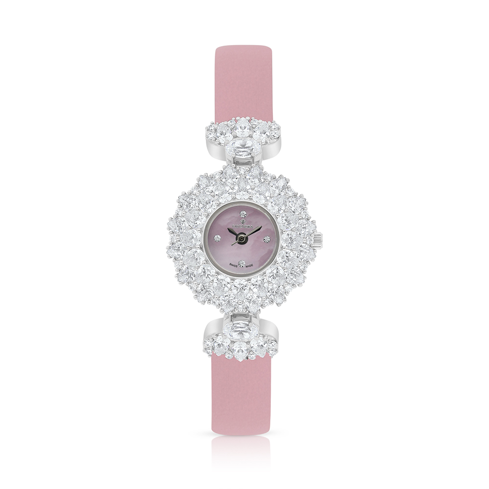 Stainless Steel 316 Watch Silver Plated And Pink Leather Embedded With White Zircon - Pink MOP DIAL