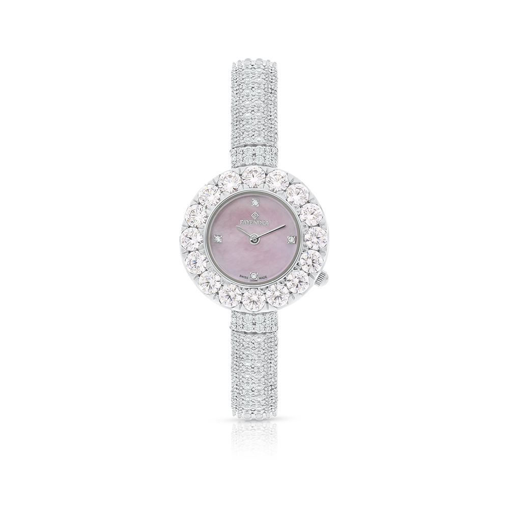 Stainless Steel 316 Watch Silver Plated Embedded With pink Zircon And White Zircon - Pink MOP DIAL