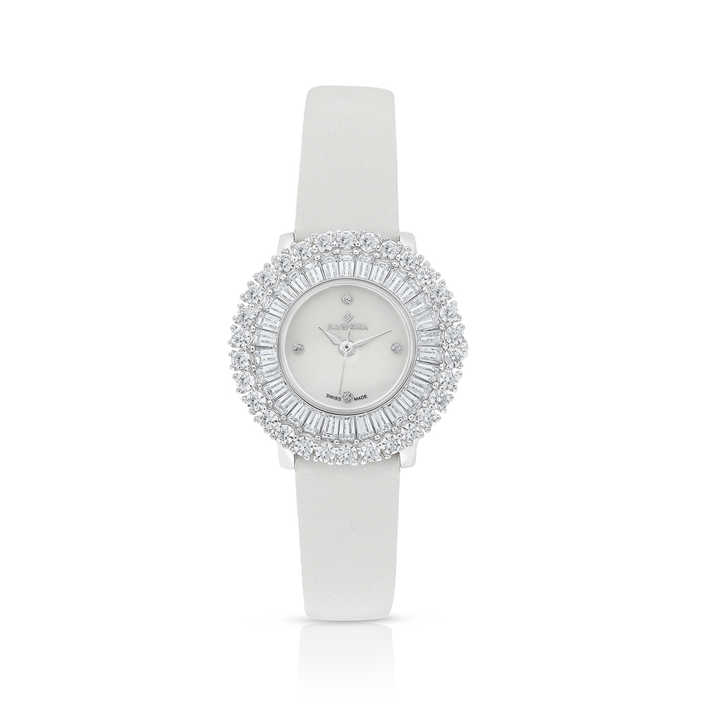 Stainless Steel 316 Watch Silver Plated And White Leather Embedded With White Zircon - MOP DIAL