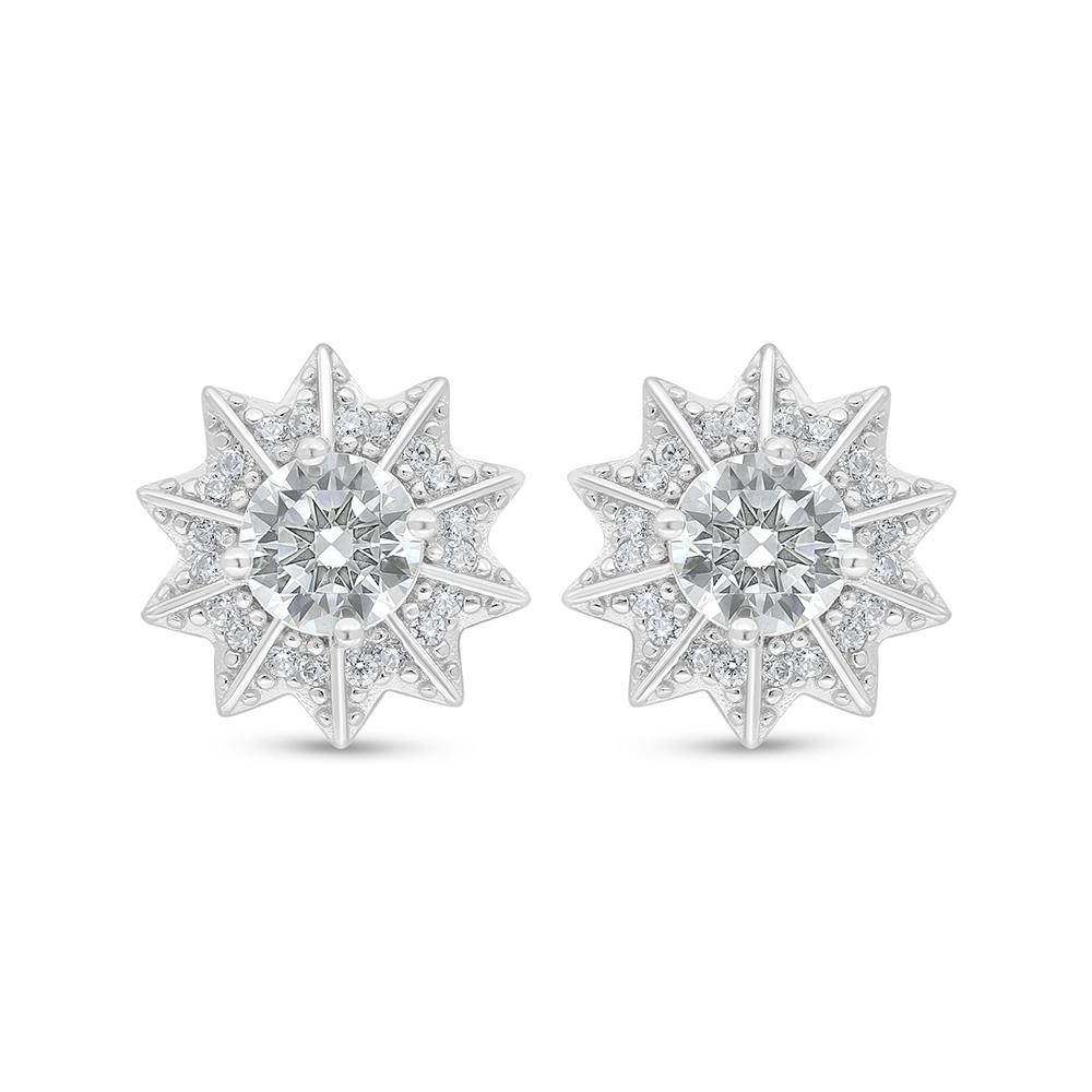 Sterling Silver 925 Earring Rhodium Plated Embedded With White Zircon