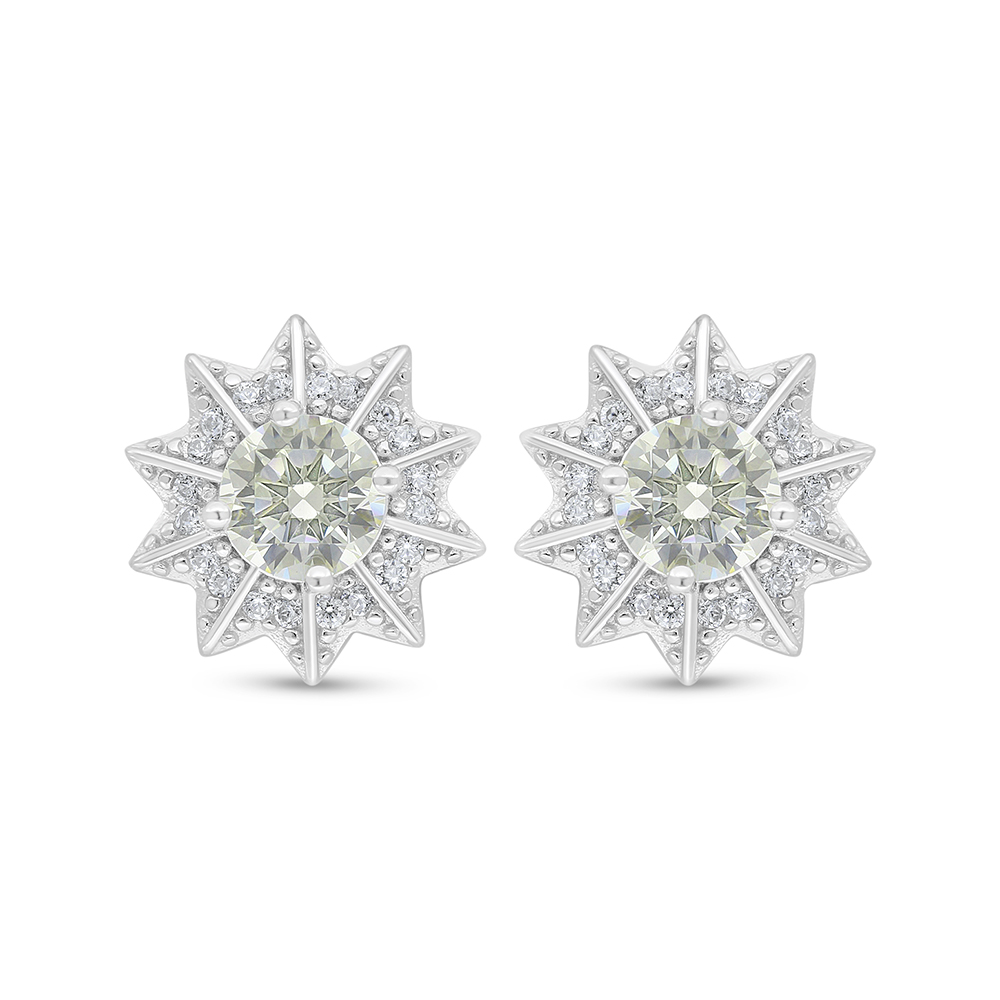 Sterling Silver 925 Earring Rhodium Plated Embedded With Yellow Diamond And White Zircon