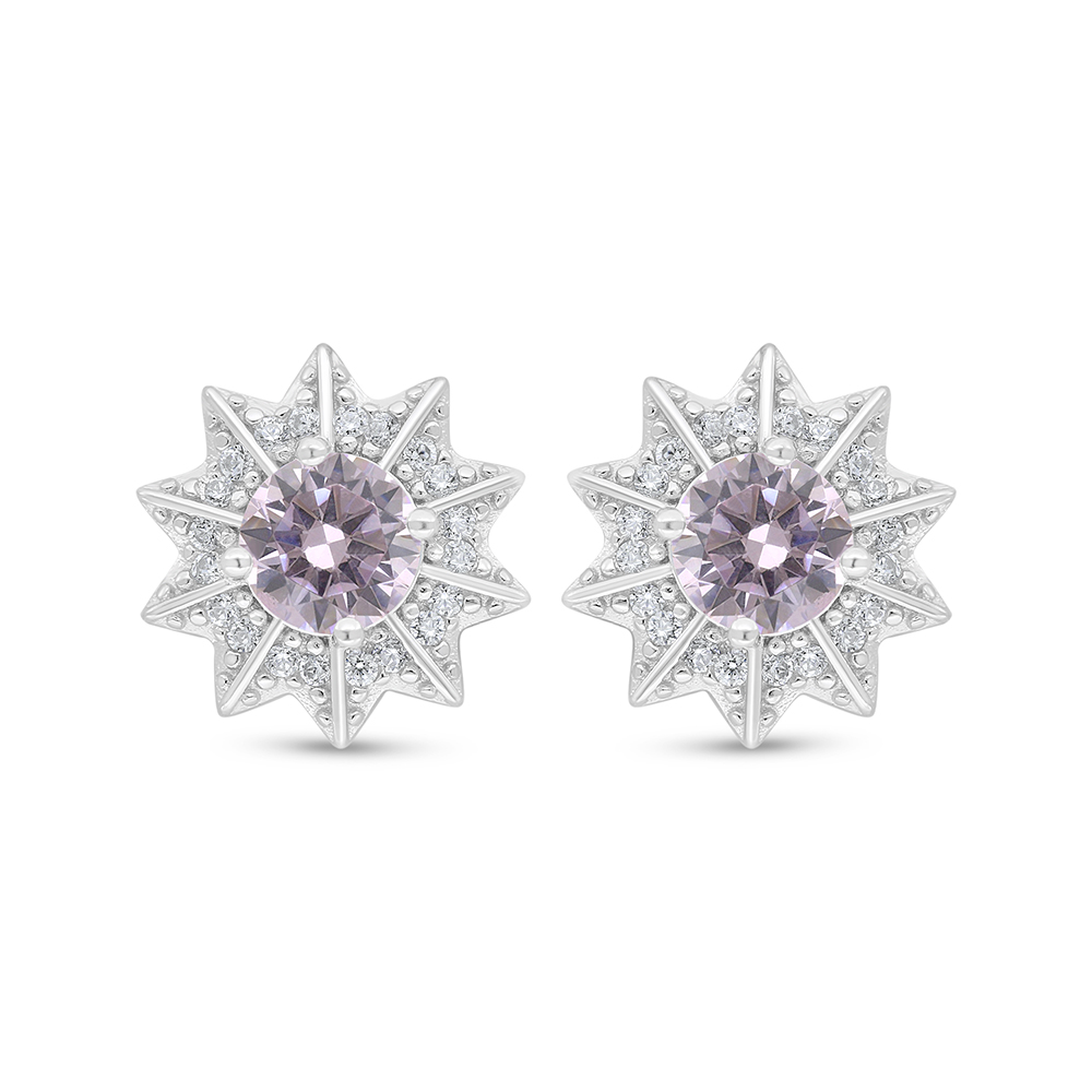 Sterling Silver 925 Earring Rhodium Plated Embedded With Pink Zircon And White Zircon