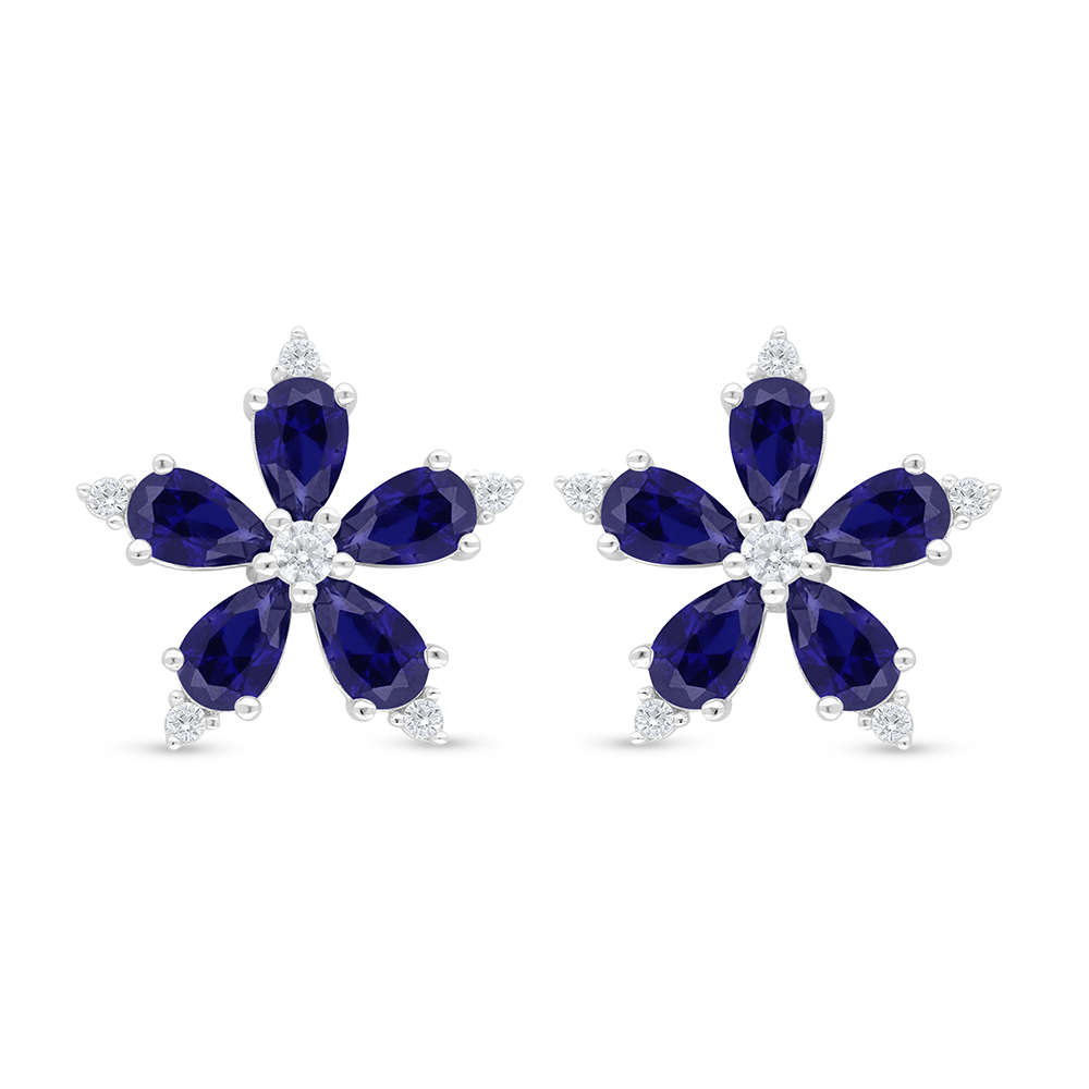 Sterling Silver 925 Earring Rhodium Plated Embedded With Sapphire Corundum And White Zircon