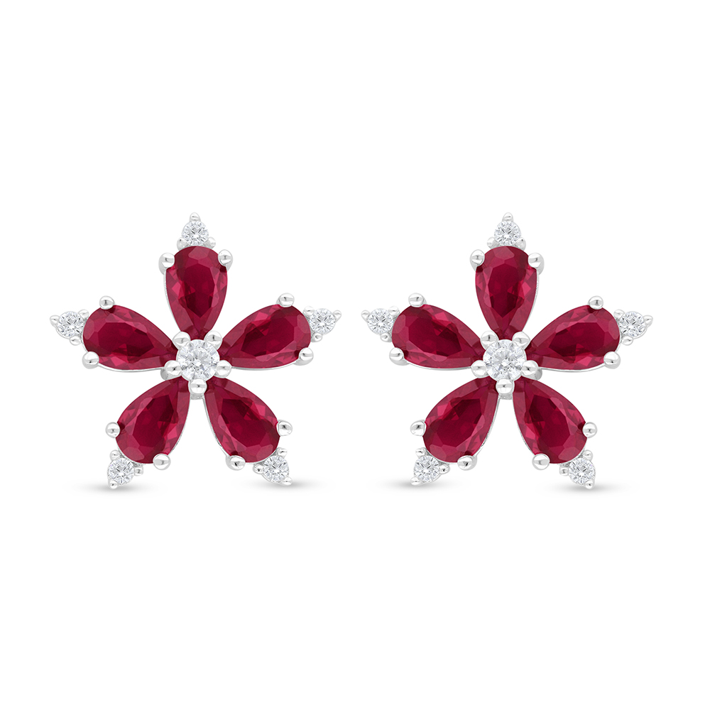 Sterling Silver 925 Earring Rhodium Plated Embedded With Ruby Corundum And White Zircon
