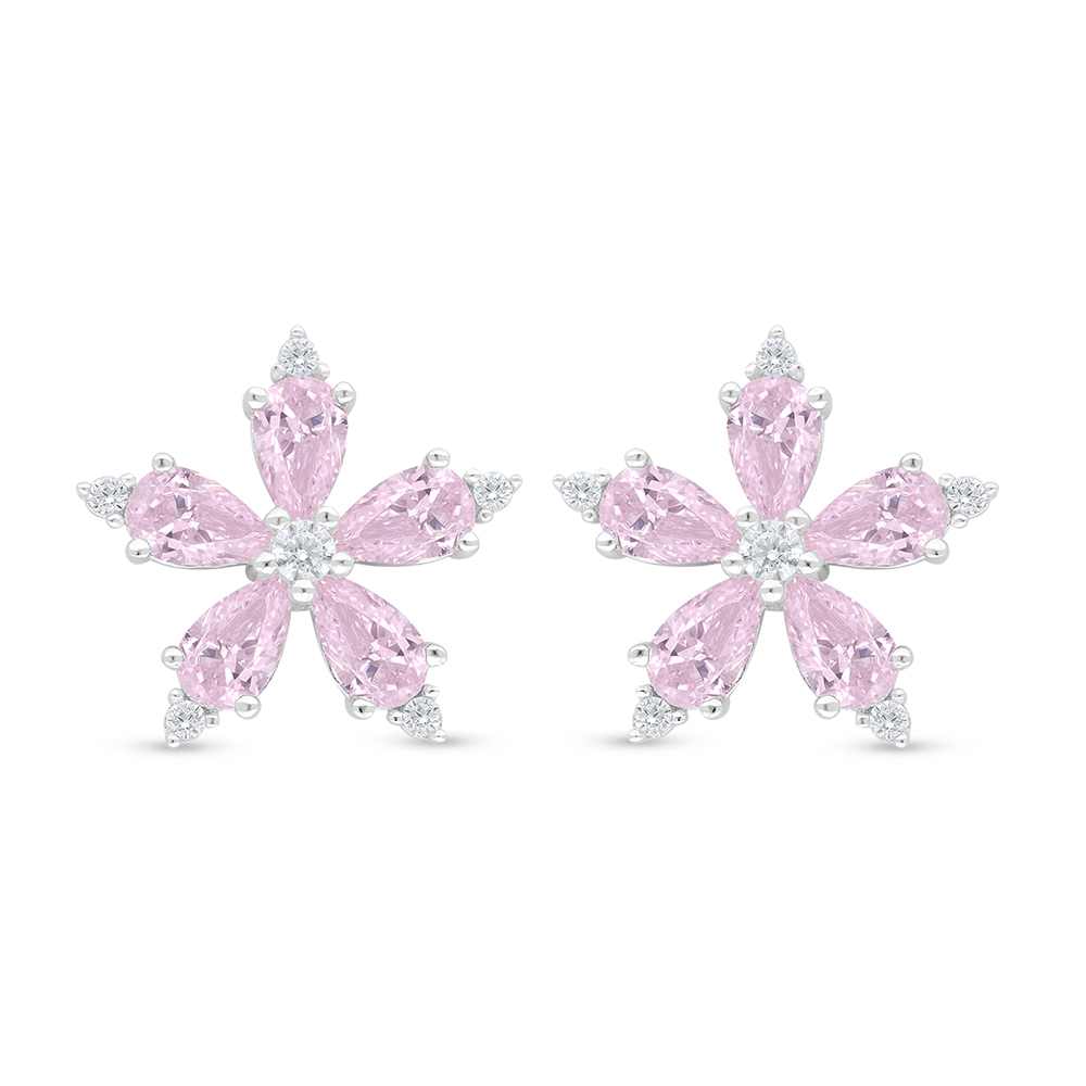 Sterling Silver 925 Earring Rhodium Plated Embedded With Pink Zircon And White Zircon