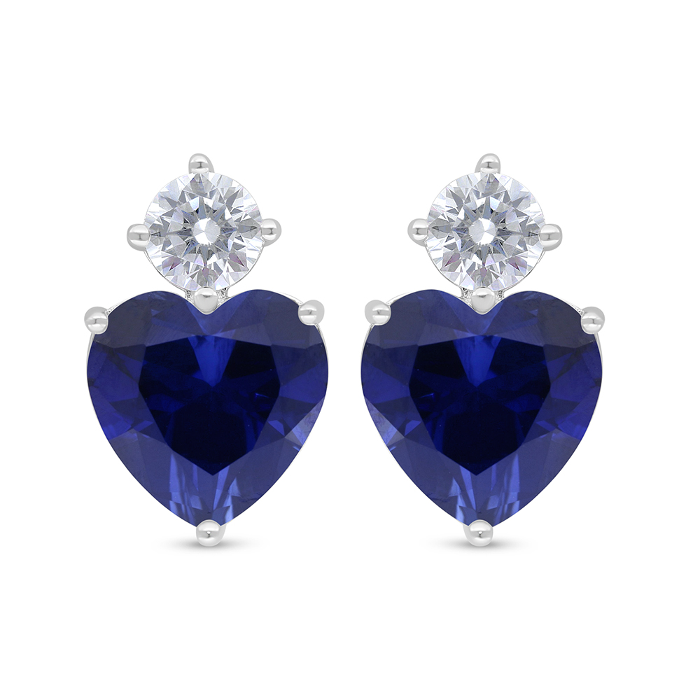 Sterling Silver 925 Earring Rhodium Plated Embedded With Sapphire Corundum And White Zircon