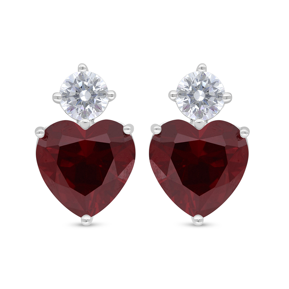 Sterling Silver 925 Earring Rhodium Plated Embedded With Ruby Corundum And White Zircon