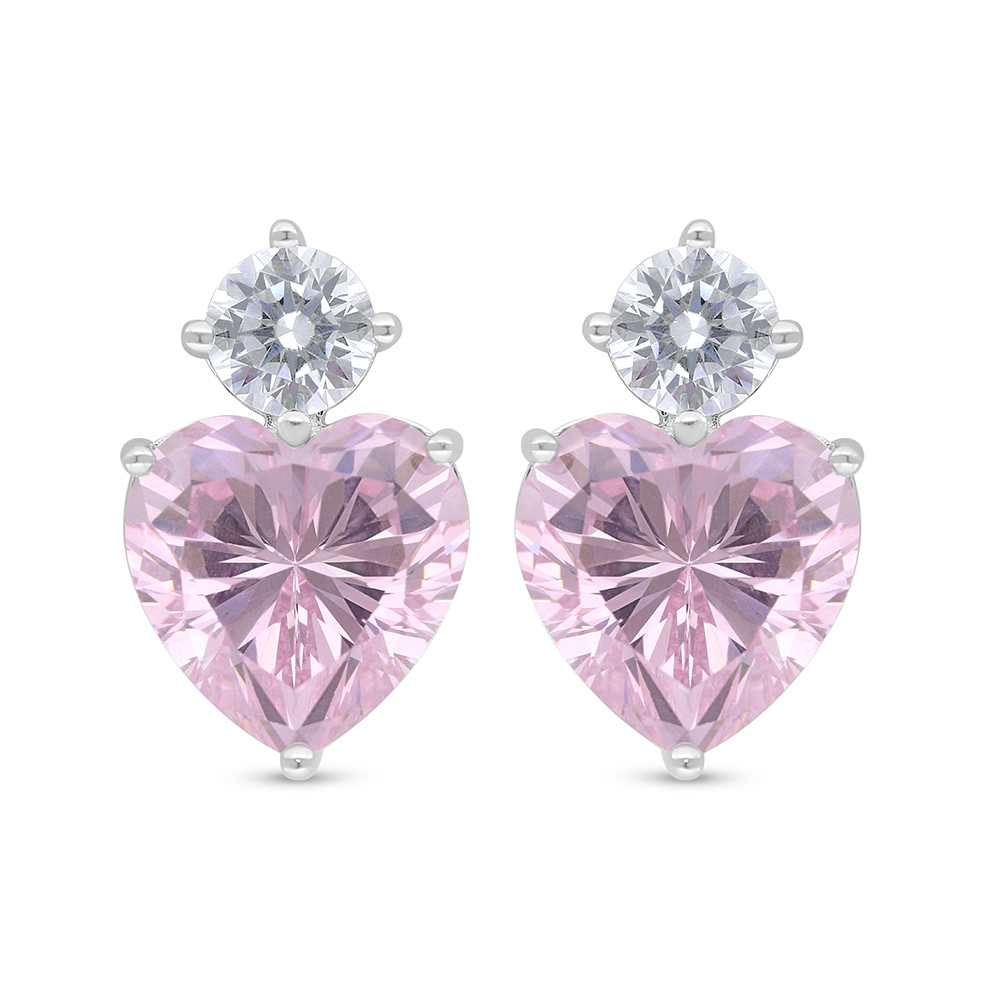 Sterling Silver 925 Earring Rhodium Plated Embedded With Pink Zircon And White Zircon