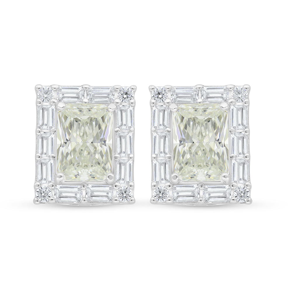 Sterling Silver 925 Earring Rhodium Plated Embedded With Yellow Diamond And White Zircon