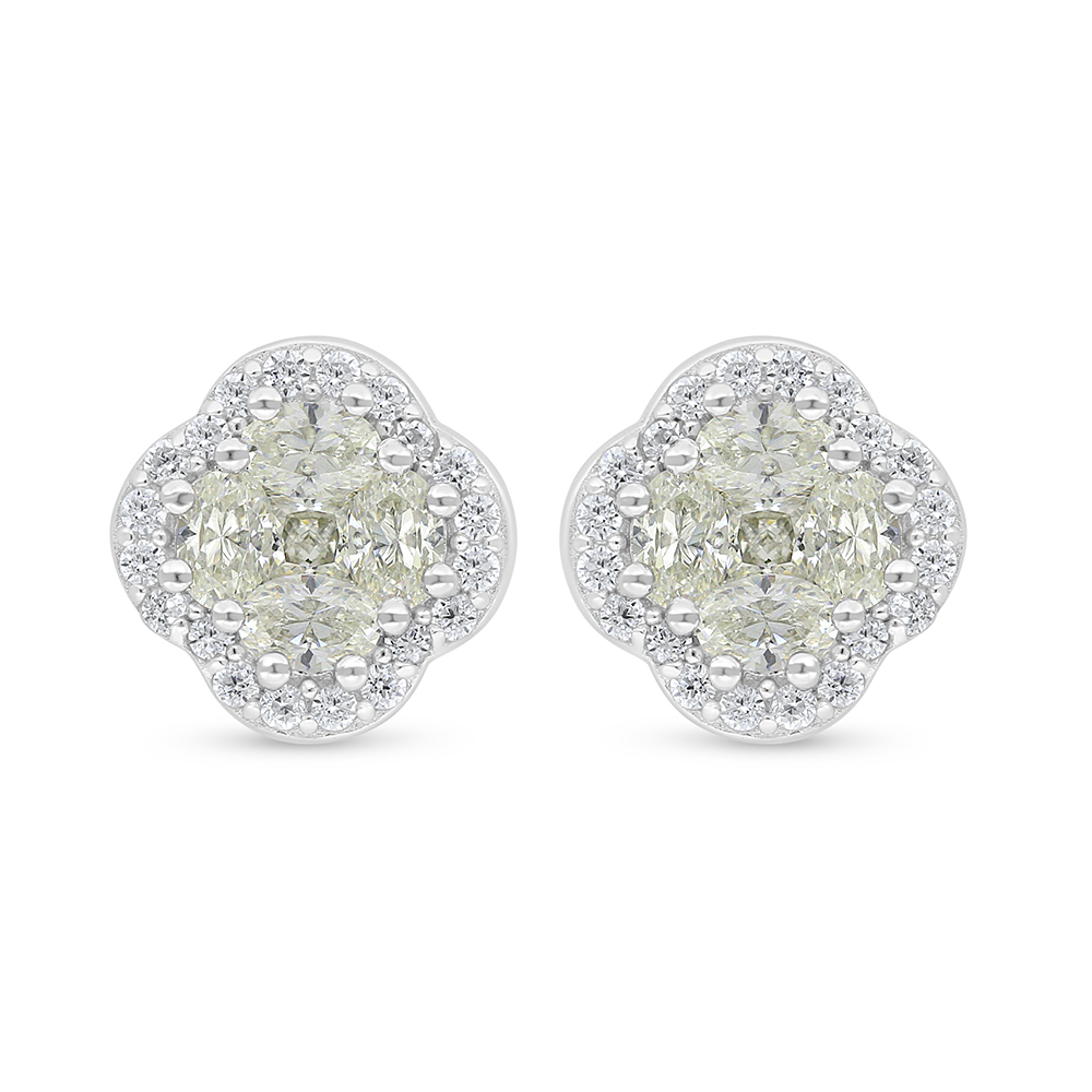 Sterling Silver 925 Earring Rhodium Plated Embedded With Yellow Diamond And White Zircon