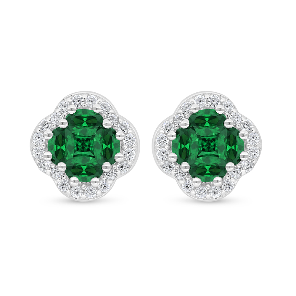 Sterling Silver 925 Earring Rhodium Plated Embedded With Emerald Zircon And White Zircon