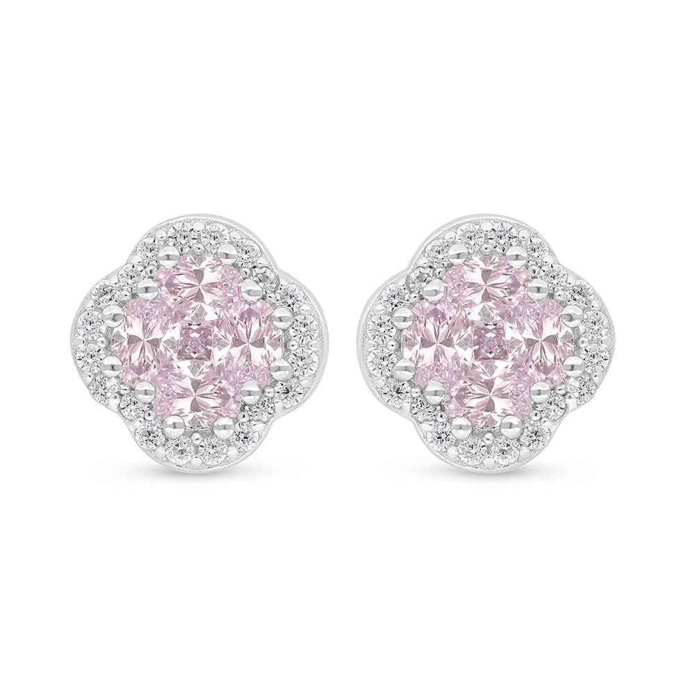 Sterling Silver 925 Earring Rhodium Plated Embedded With Pink Zircon And White Zircon