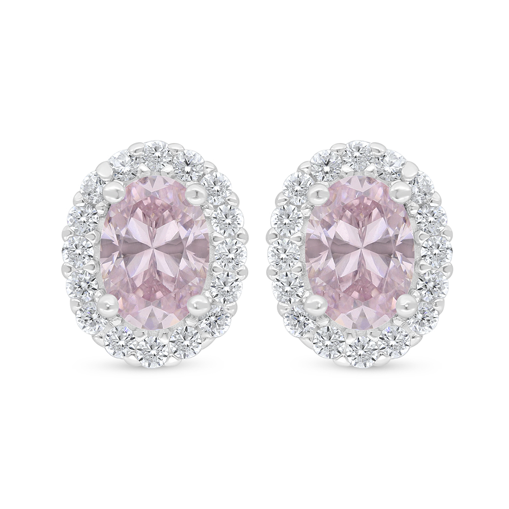 Sterling Silver 925 Earring Rhodium Plated Embedded With Pink Zircon And White Zircon