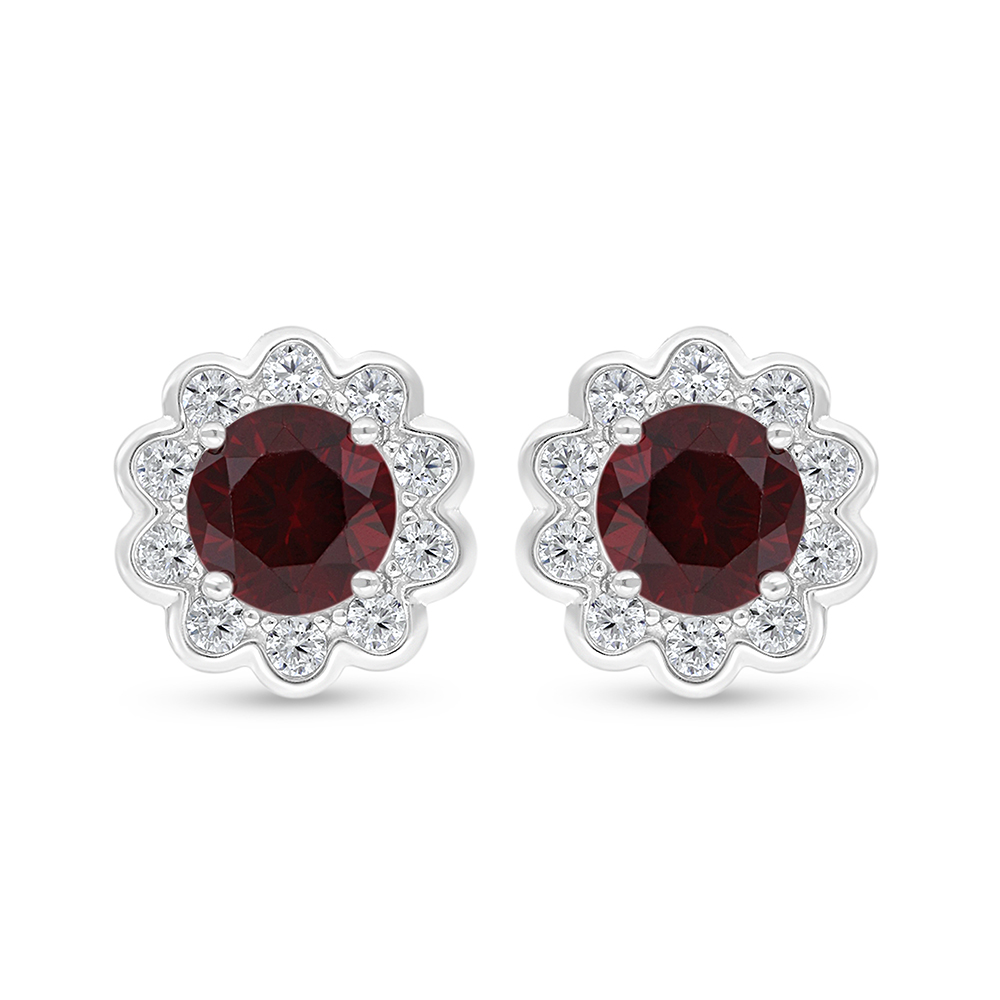 Sterling Silver 925 Earring Rhodium Plated Embedded With Ruby Corundum And White Zircon