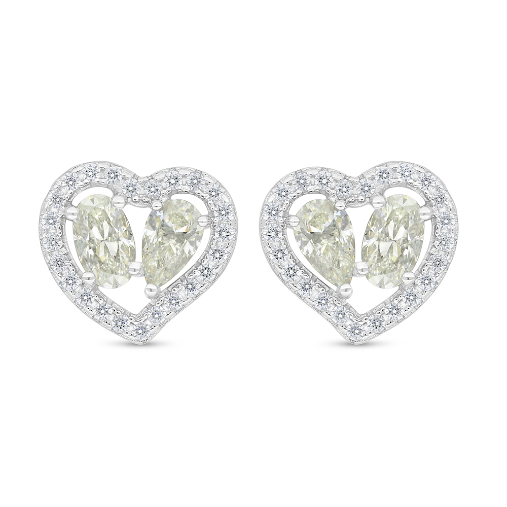 Sterling Silver 925 Earring Rhodium Plated Embedded With Yellow Diamond And White Zircon