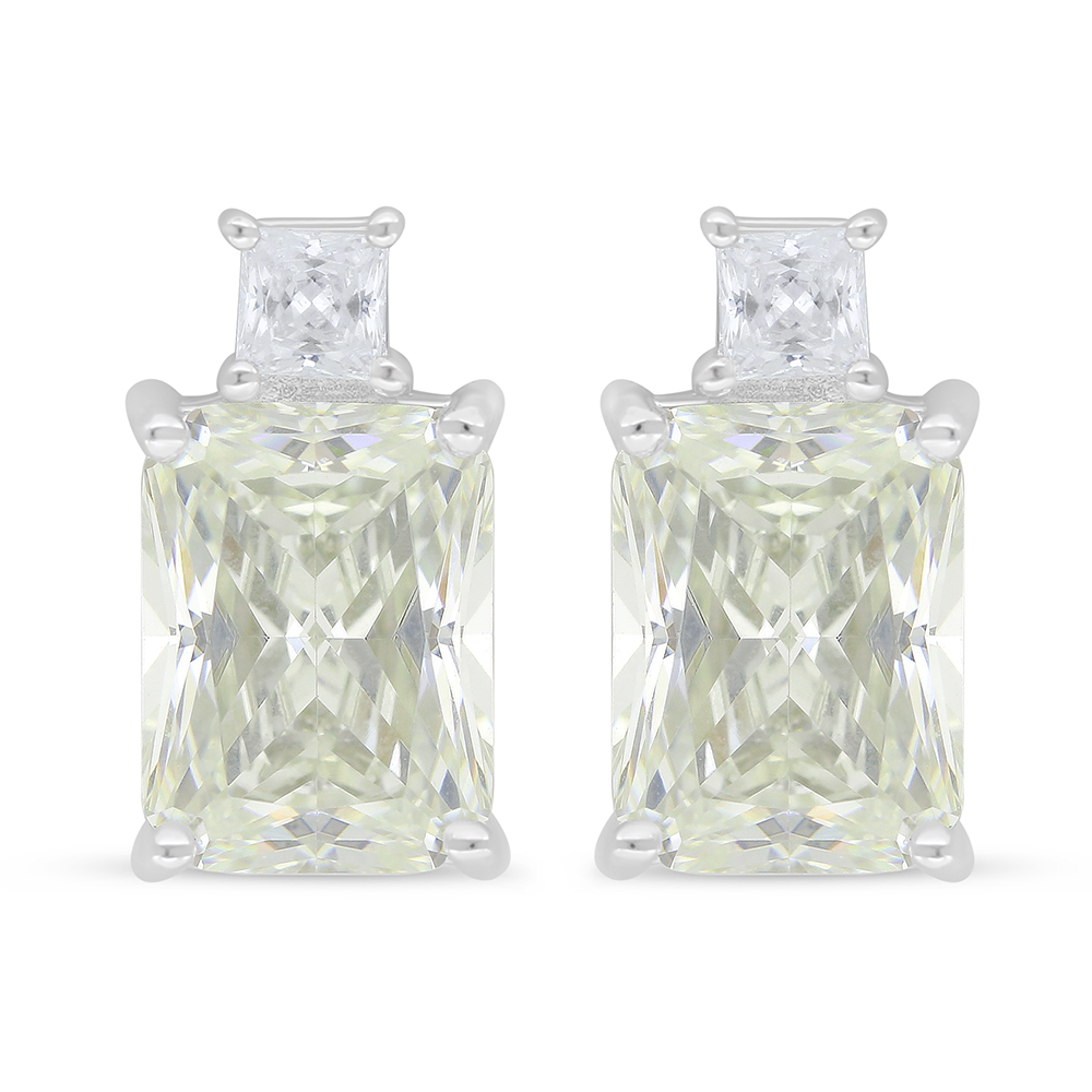 Sterling Silver 925 Earring Rhodium Plated Embedded With Yellow Diamond And White Zircon