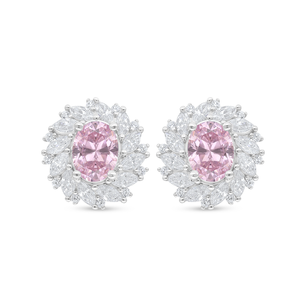 Sterling Silver 925 Earring Rhodium Plated Embedded With Pink Zircon And White Zircon