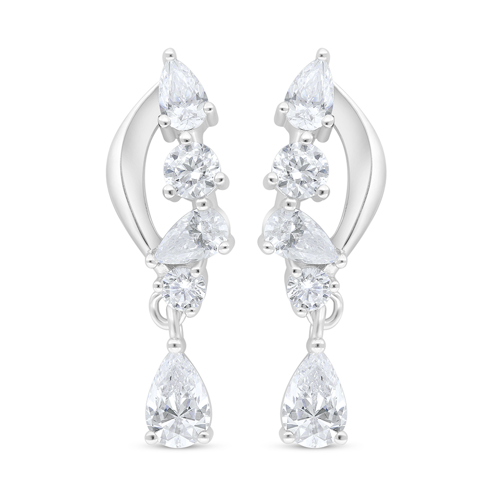 Sterling Silver 925 Earring Rhodium Plated Embedded With White Zircon