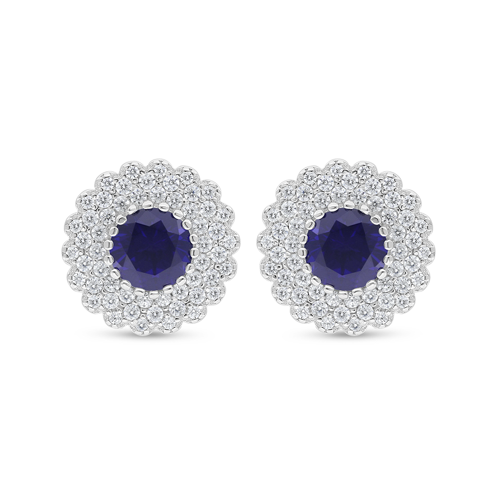 Sterling Silver 925 Earring Rhodium Plated Embedded With Sapphire Corundum And White Zircon