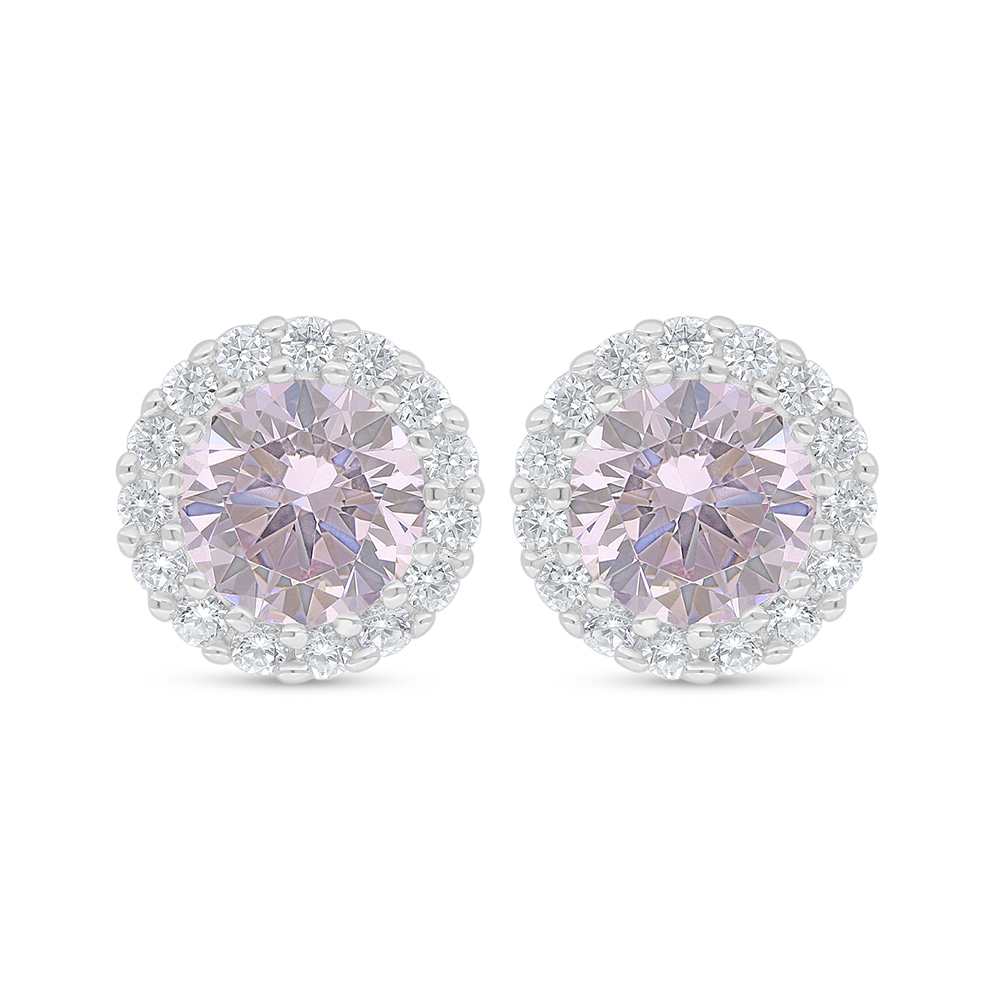 Sterling Silver 925 Earring Rhodium Plated Embedded With Pink Zircon And White Zircon
