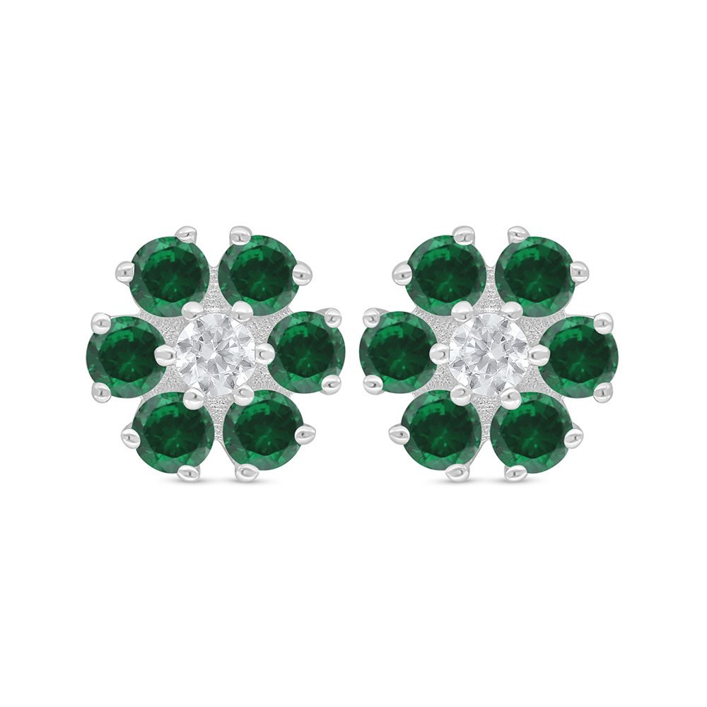 Sterling Silver 925 Earring Rhodium Plated Embedded With Emerald Zircon 