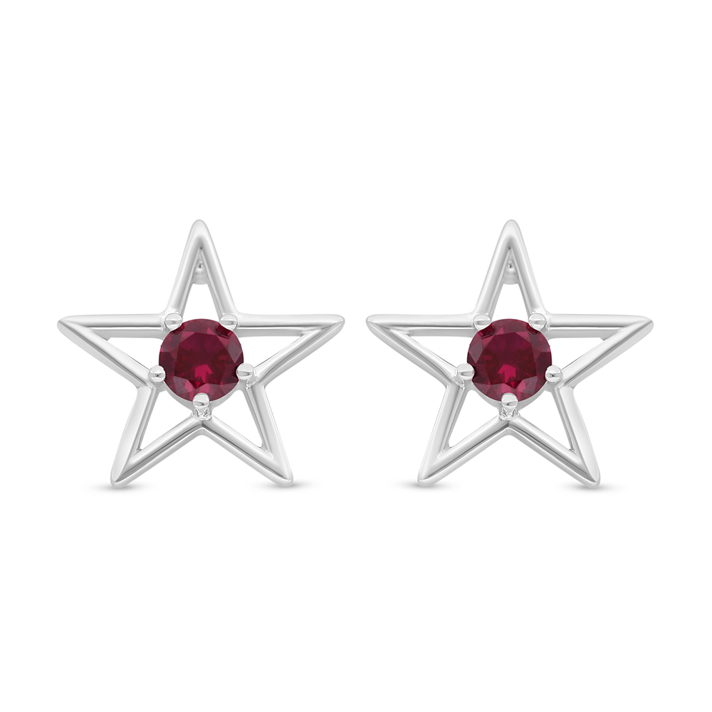 Sterling Silver 925 Earring Rhodium Plated Embedded With Ruby Corundum And White Zircon