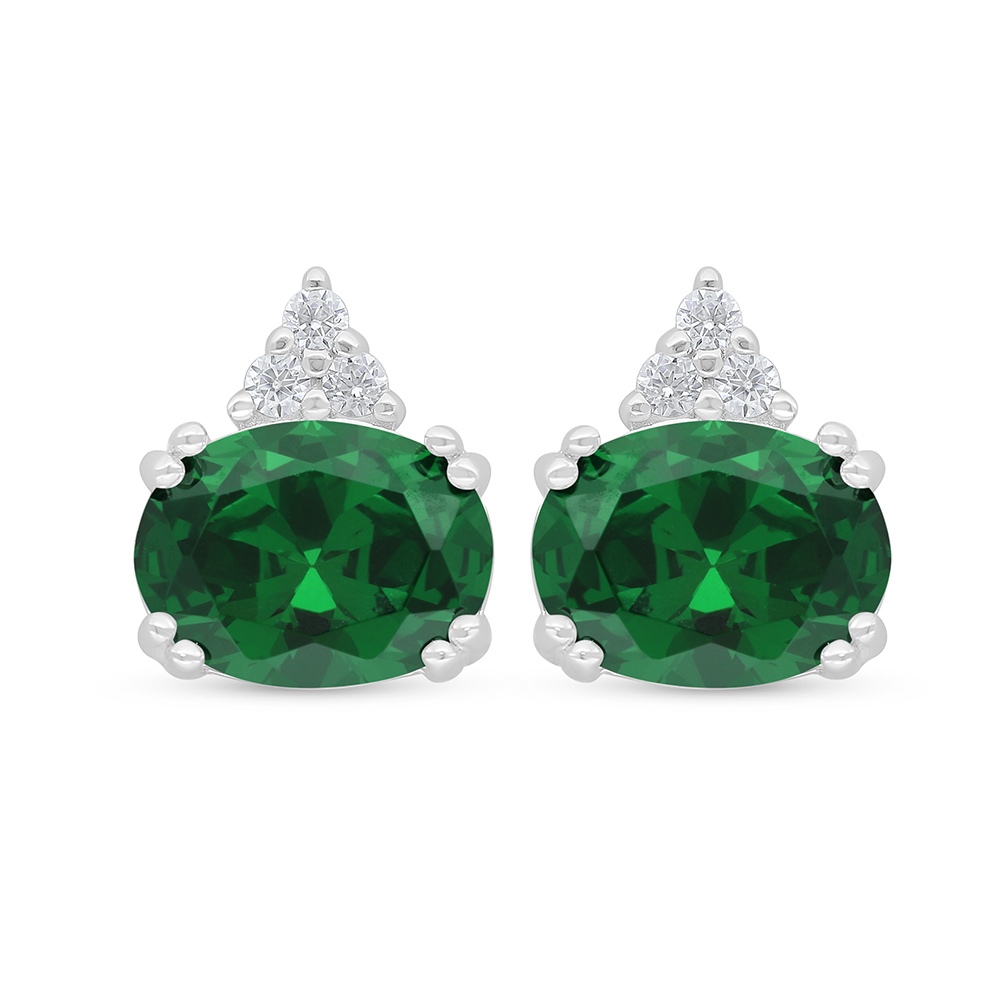 Sterling Silver 925 Earring Rhodium Plated Embedded With Emerald Zircon And White Zircon
