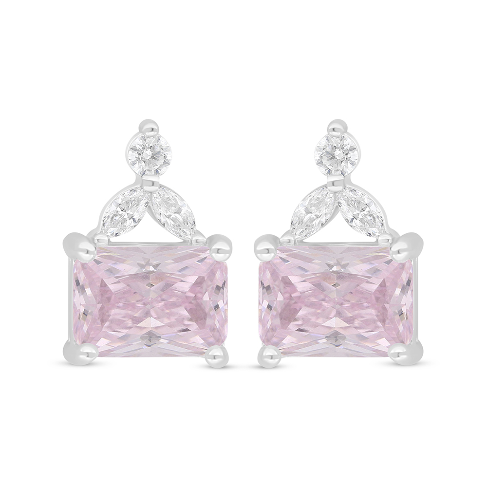 Sterling Silver 925 Earring Rhodium Plated Embedded With Pink Zircon And White Zircon