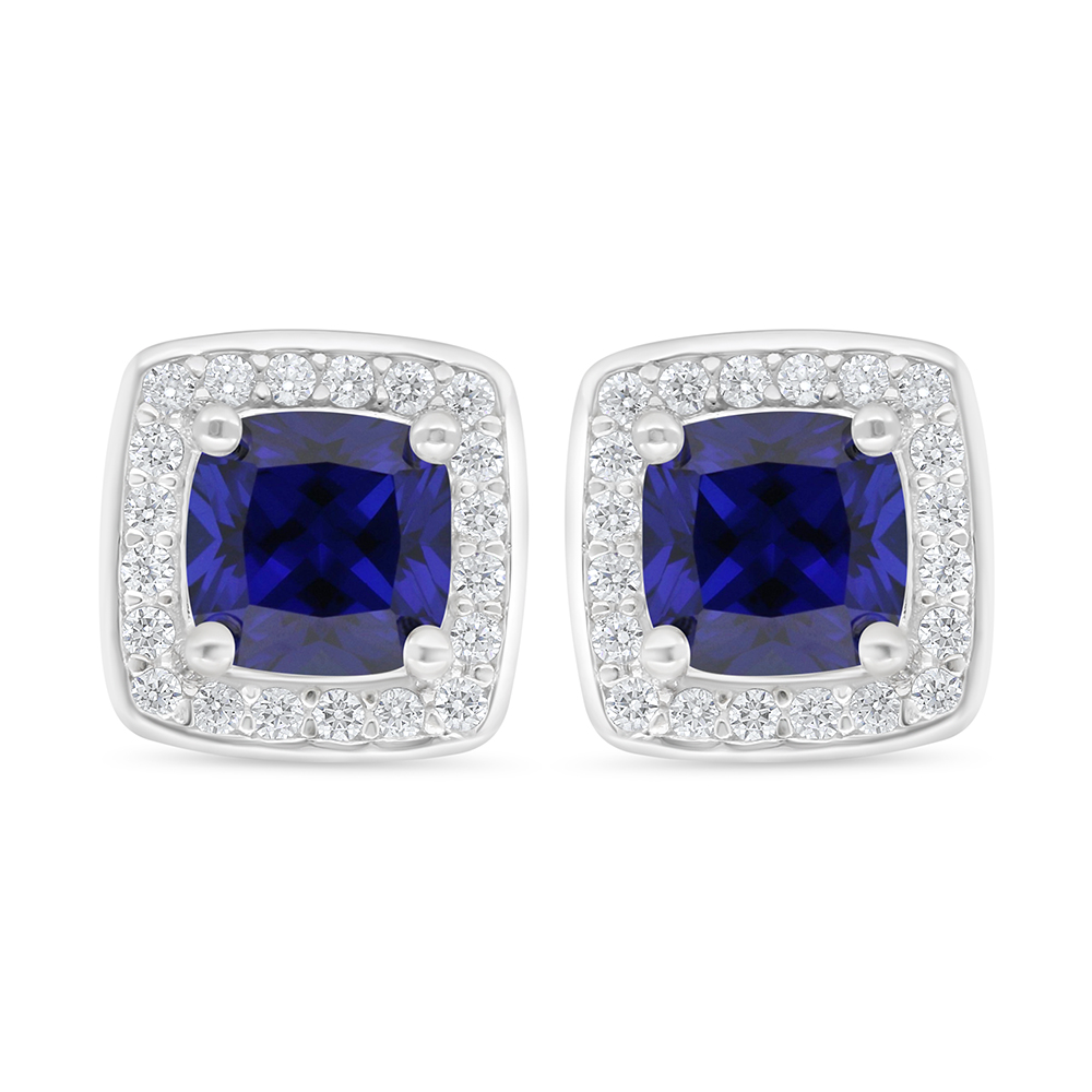 Sterling Silver 925 Earring Rhodium Plated Embedded With Sapphire Corundum And White Zircon