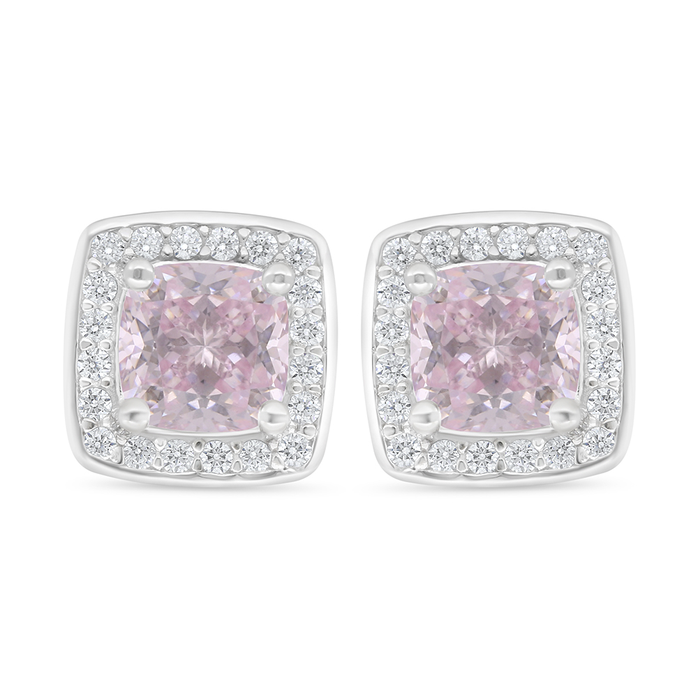 Sterling Silver 925 Earring Rhodium Plated Embedded With Pink Zircon And White Zircon