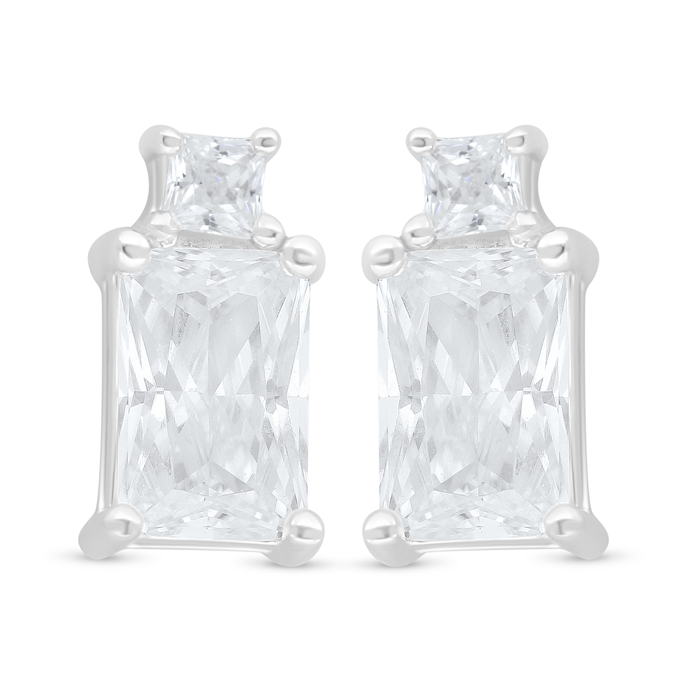 Sterling Silver 925 Earring Rhodium Plated Embedded With White Zircon